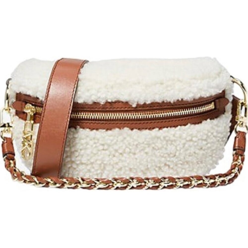 NWT MICHAEL KORS Sling Sherpa Gold Chain Messenger Handbag with Leather Trim - Picture 11 of 12